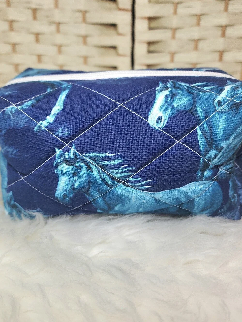 Handmade Quilted Boxy Bag Blue Vintage Horse Fabric Makeup Travel Lined